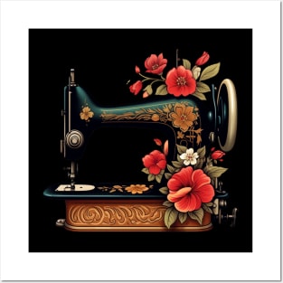 Vintage Sewing Machine With Retro Floral Flowers Posters and Art